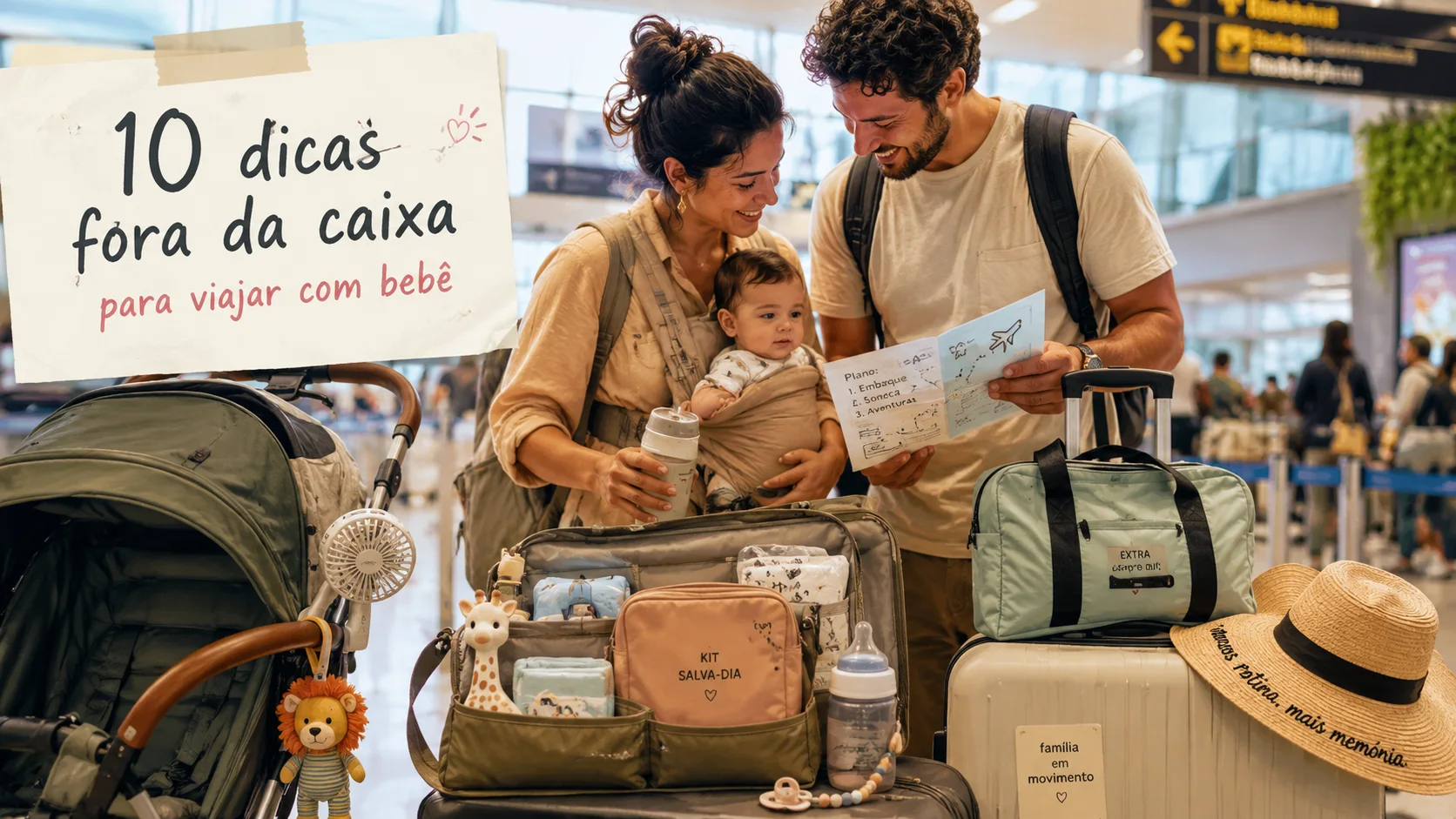 Família viajando com bebê no aeroporto, com carrinho, malas e bolsa organizada com itens essenciais
