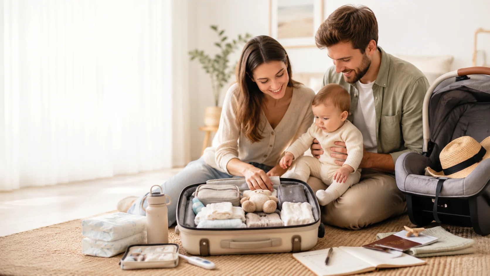 Pais planejando a primeira viagem com um bebê